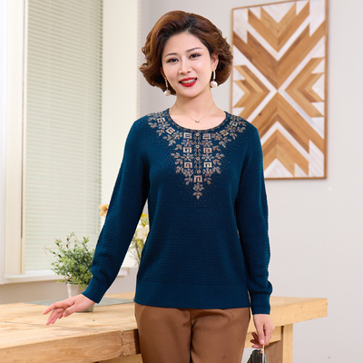 慕莲绣花圆领100%羊毛老年时尚洋气洋气针织衫加肥加大码2128