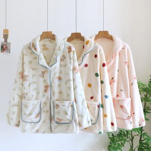 法兰绒睡衣女冬季加厚加绒保暖珊瑚绒家居上衣可外穿