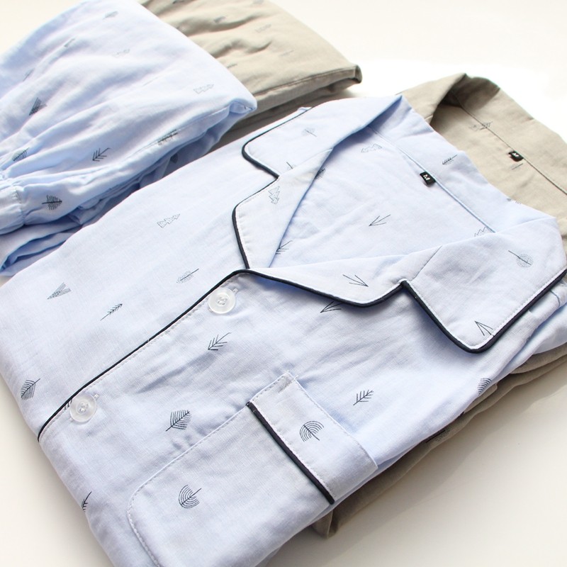 男士新款纱布睡衣纯棉春秋长袖家居服宽松大码印花空调房全棉套装