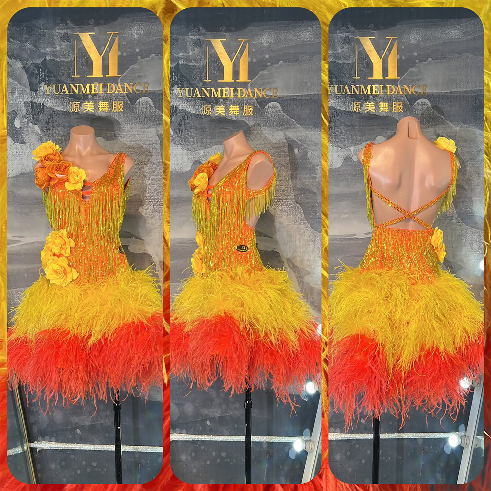 油画少女 源美舞服 重工鸵鸟毛珠管拉丁赛服专业表演恰恰伦巴花服