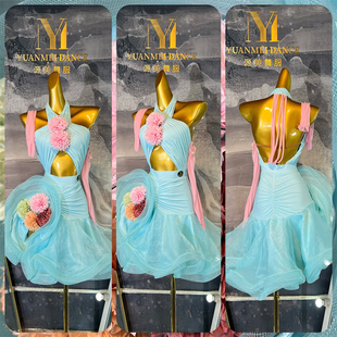 源美舞服拉丁舞比赛天蓝色拉丁裸服专业表演恰恰伦巴花服