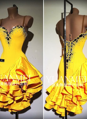 源美舞服 黑池比赛高档成人拉丁比赛服女 量身定制赛服 黄色裙摆