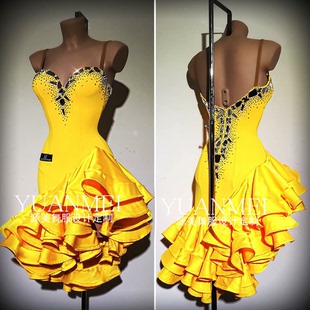 源美舞服 黑池比赛高档成人拉丁比赛服女 量身定制赛服 黄色裙摆