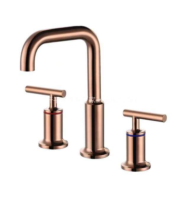 玫瑰金转动嘴三件套分体一字双把面盆龙头台盆三孔龙头30536实拍