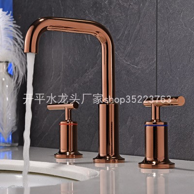 玫瑰金双把三件套分体一字把手面盆水龙头全铜台盆三孔30471实拍