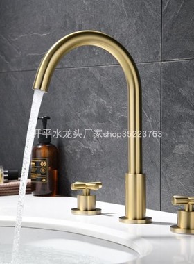 拉丝金三件套分体十字双把龙头全铜三孔欧式台盆龙头30583实拍