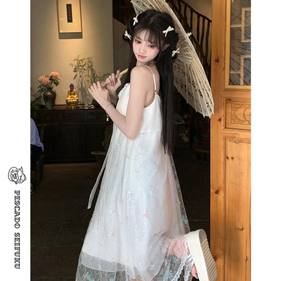 绝美仙女蝴蝶亮片吊带连衣裙女夏
