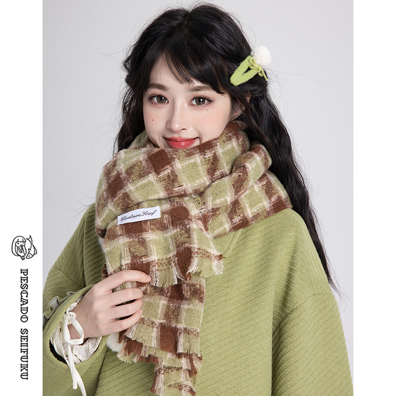 绿色格子围巾女甜美可爱保暖