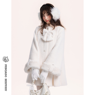 甜鱼少盐[山茶雪信]蝴蝶结白色大衣女冬加厚小个子千金风毛呢外套