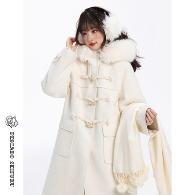 白色牛角扣大衣女冬加厚小个子