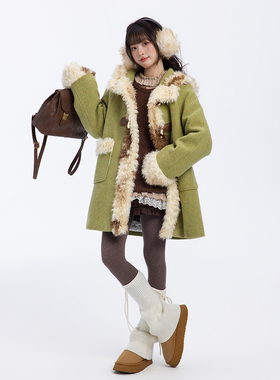 甜鱼少盐 [叶影青栖]牛角扣绿色大衣女冬加厚小个子羊毛毛呢外套