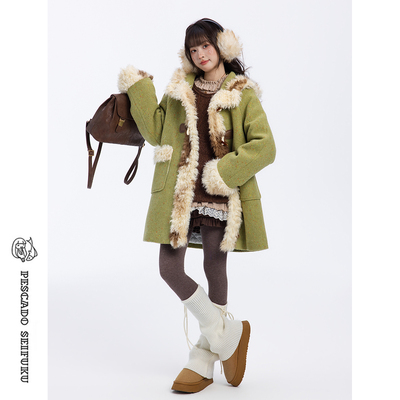 绿色大衣女冬加厚小个子毛呢外套