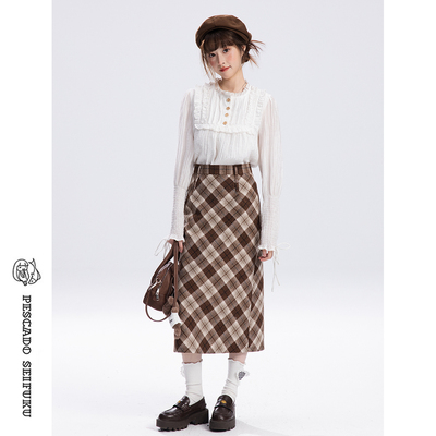 学院风格子长款半身裙女小个子