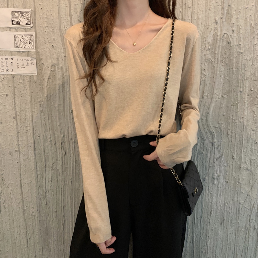 Real price new Korean collar loose multicolor long sleeve T-shirt
