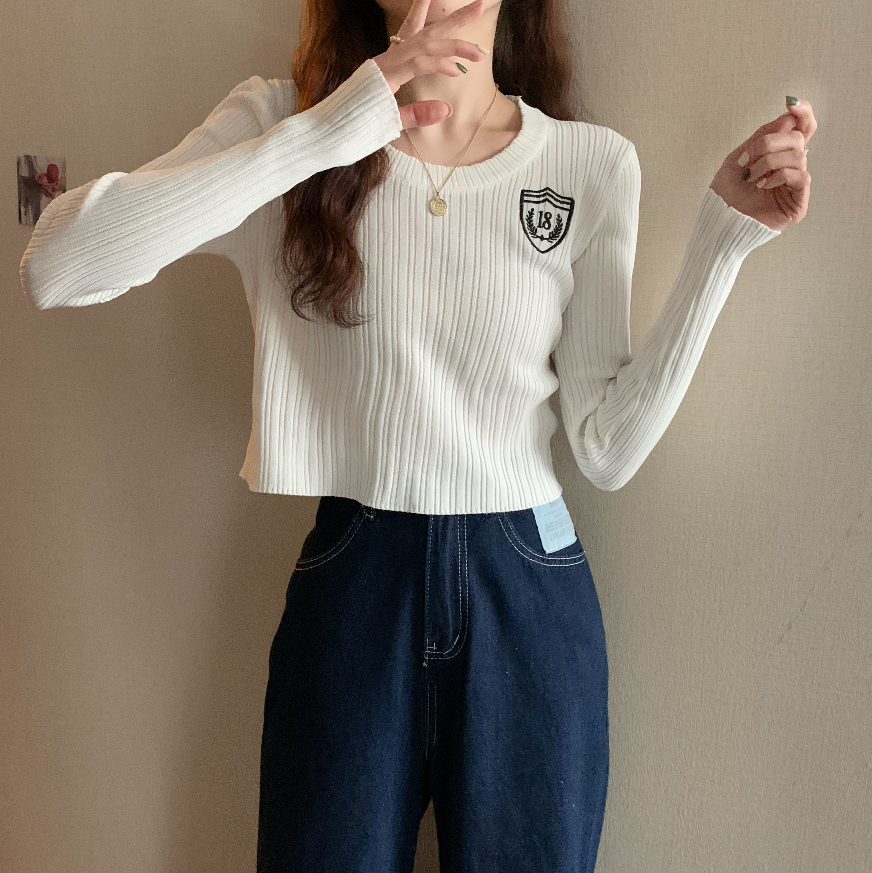 Real price spring round neck versatile high waist short slim long sleeve knitted T-shirt for women