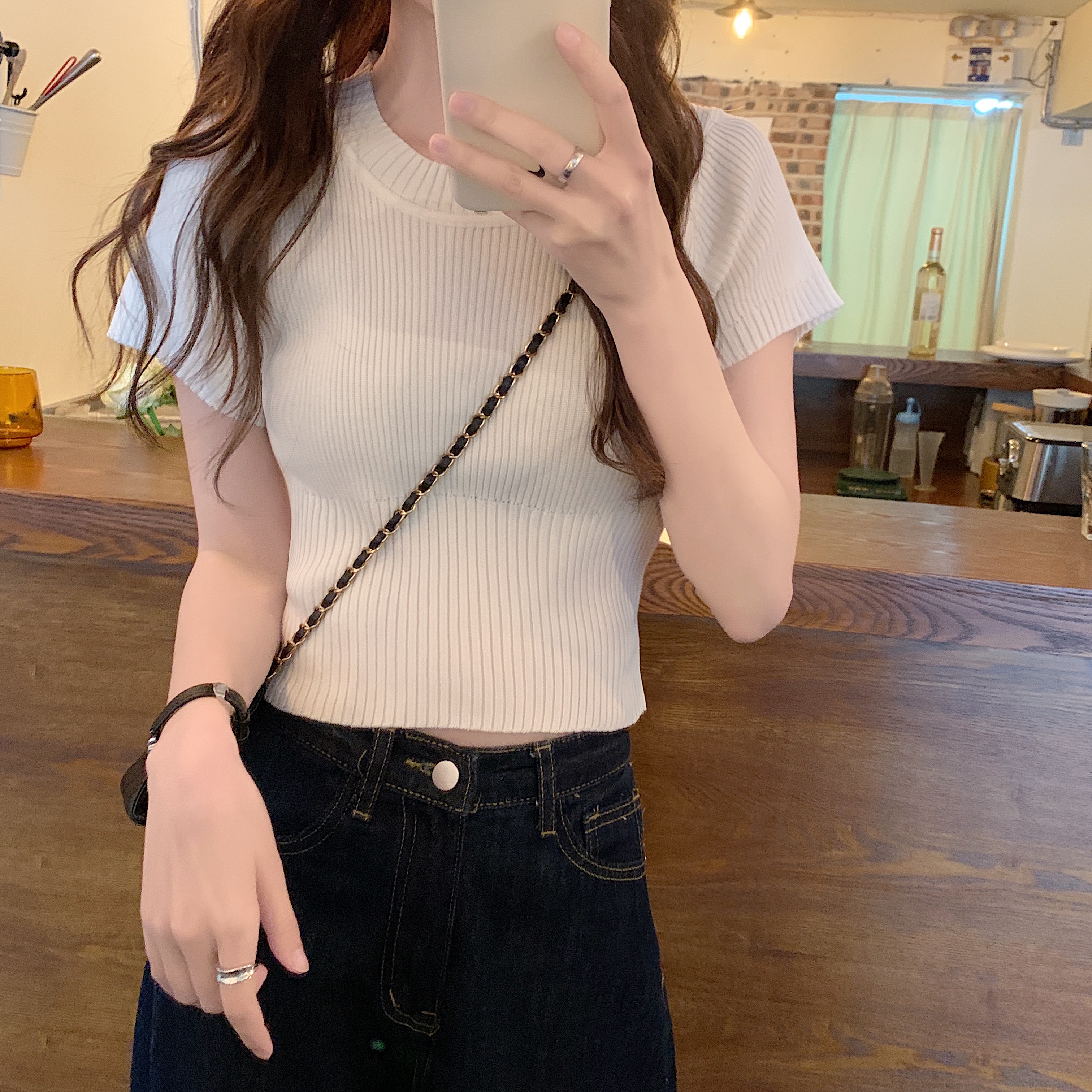 Real price new Korean round neck Pullover color slim knitting short sleeve T-shirt women's short