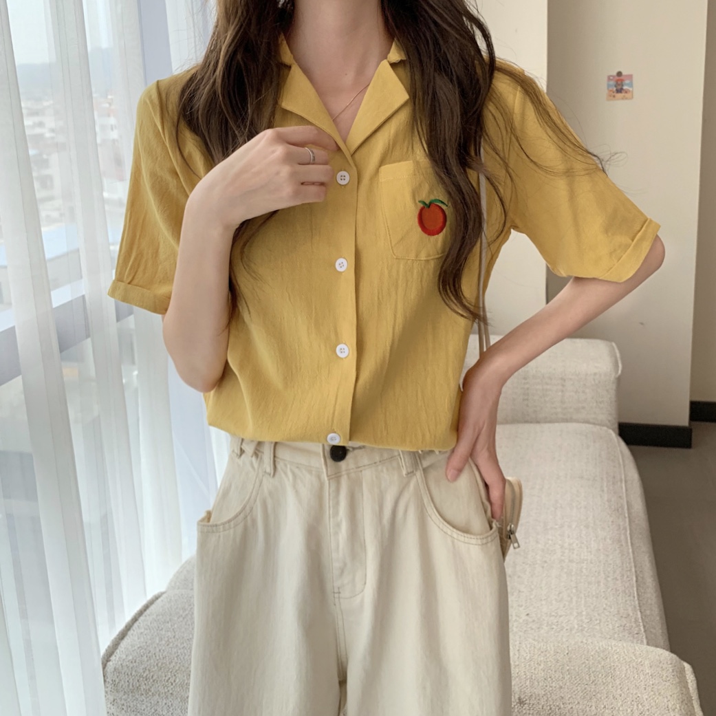 Real shot real price new Korean versatile embroidery small orange candy color Lapel solid color single breasted short sleeve shirt