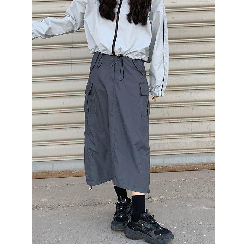爬山裙子女2023春夏秋新款薄款小众多口袋工装半身裙两侧抽绳长裙