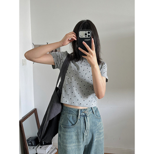 显瘦夏新款百搭圆领套头短款辣妹短袖T恤女韩版修身波点洋气上衣