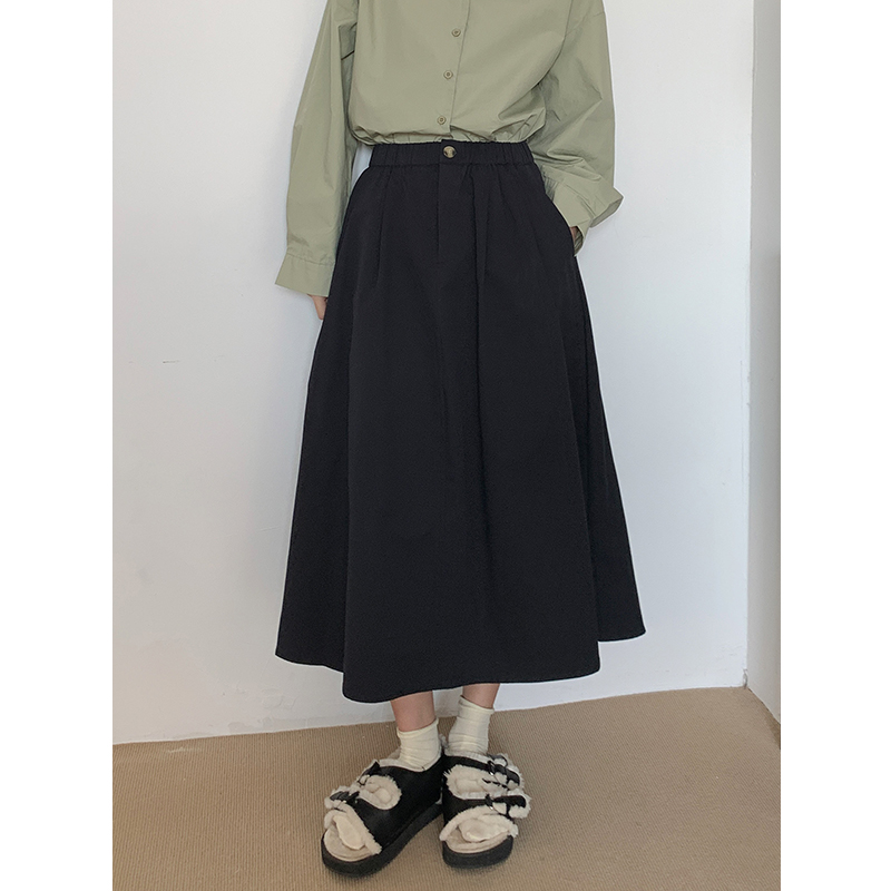 LAB YOU常青款中长款半身裙女2023秋季新款黑色伞裙松紧腰百搭裙