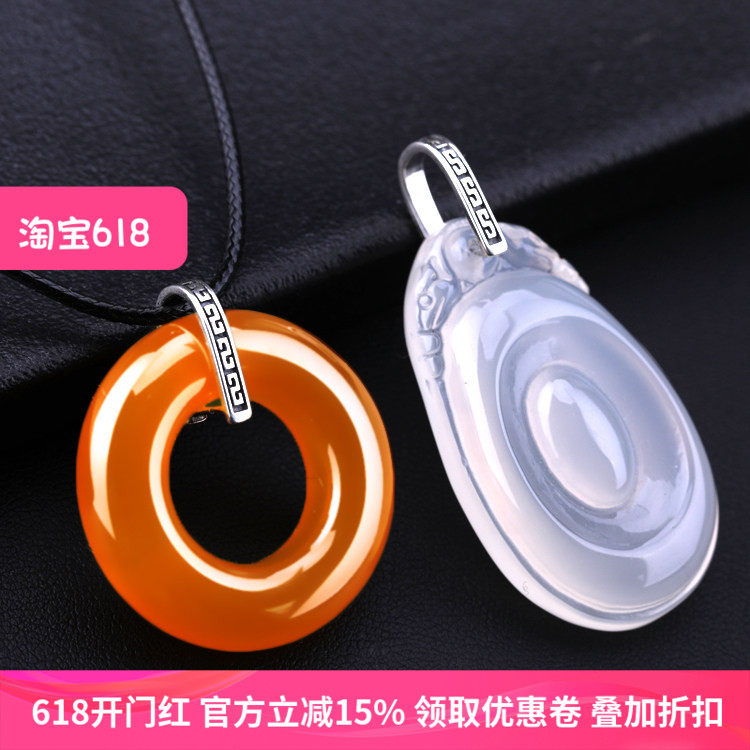 925纯银复古吊坠扣银夹扣子diy镶嵌蜜蜡玉器银卡扣平安石银扣头