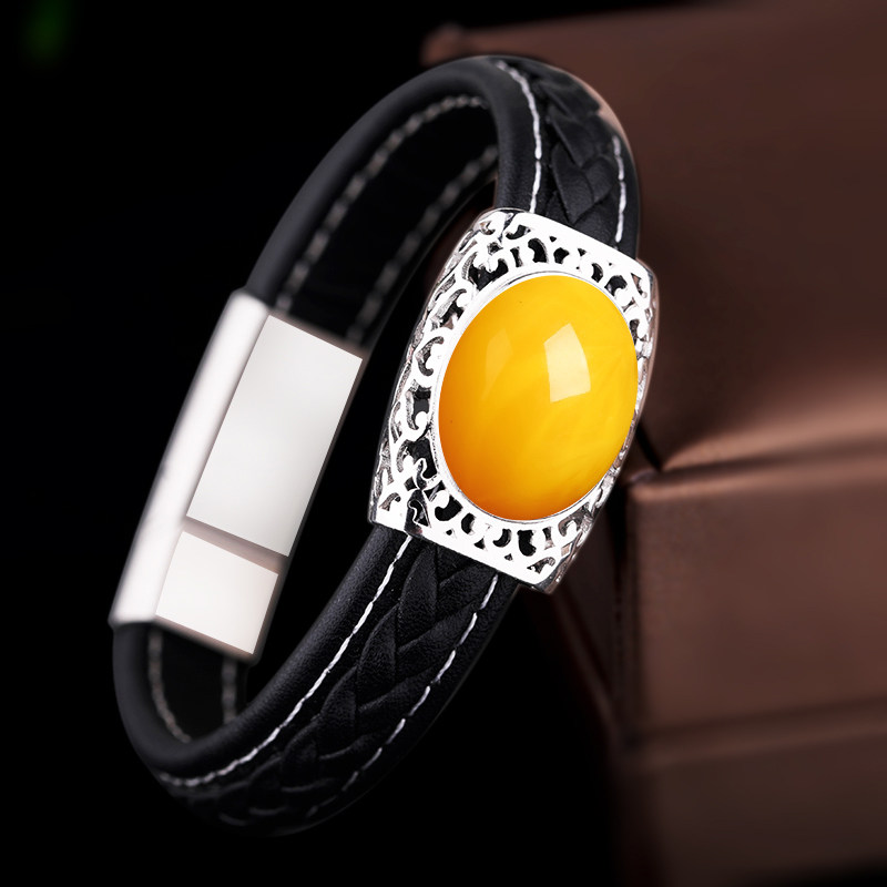 DIY皮绳手饰配件S925纯银手链空托未镶嵌玛瑙绿松石蜜蜡银托14*19