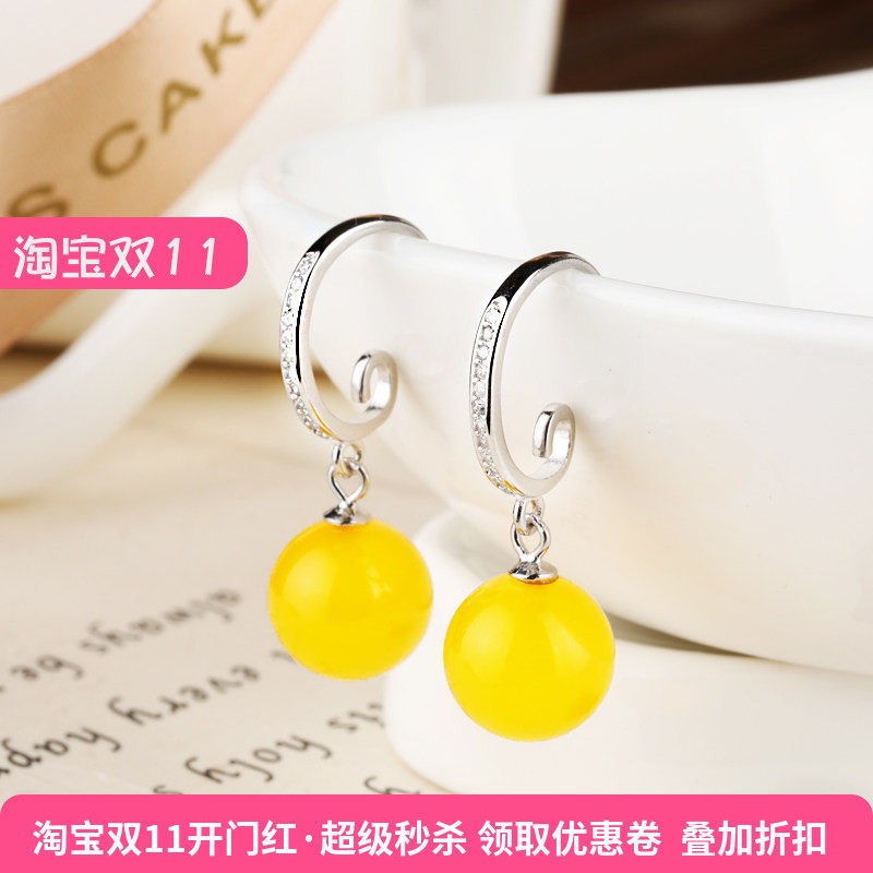 s925纯银耳环空托日韩简约镶嵌蜜蜡珍珠琥珀圆珠耳饰耳坠托针式女