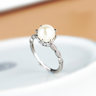 S925纯银戒指空托皇冠款 无针戒托7mm8mm珠子 镶嵌琥珀圆珠珍珠女款