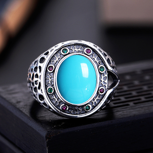 9*11戒托男S925纯银戒指空托镶嵌南红绿松石开口戒指托复古色男款