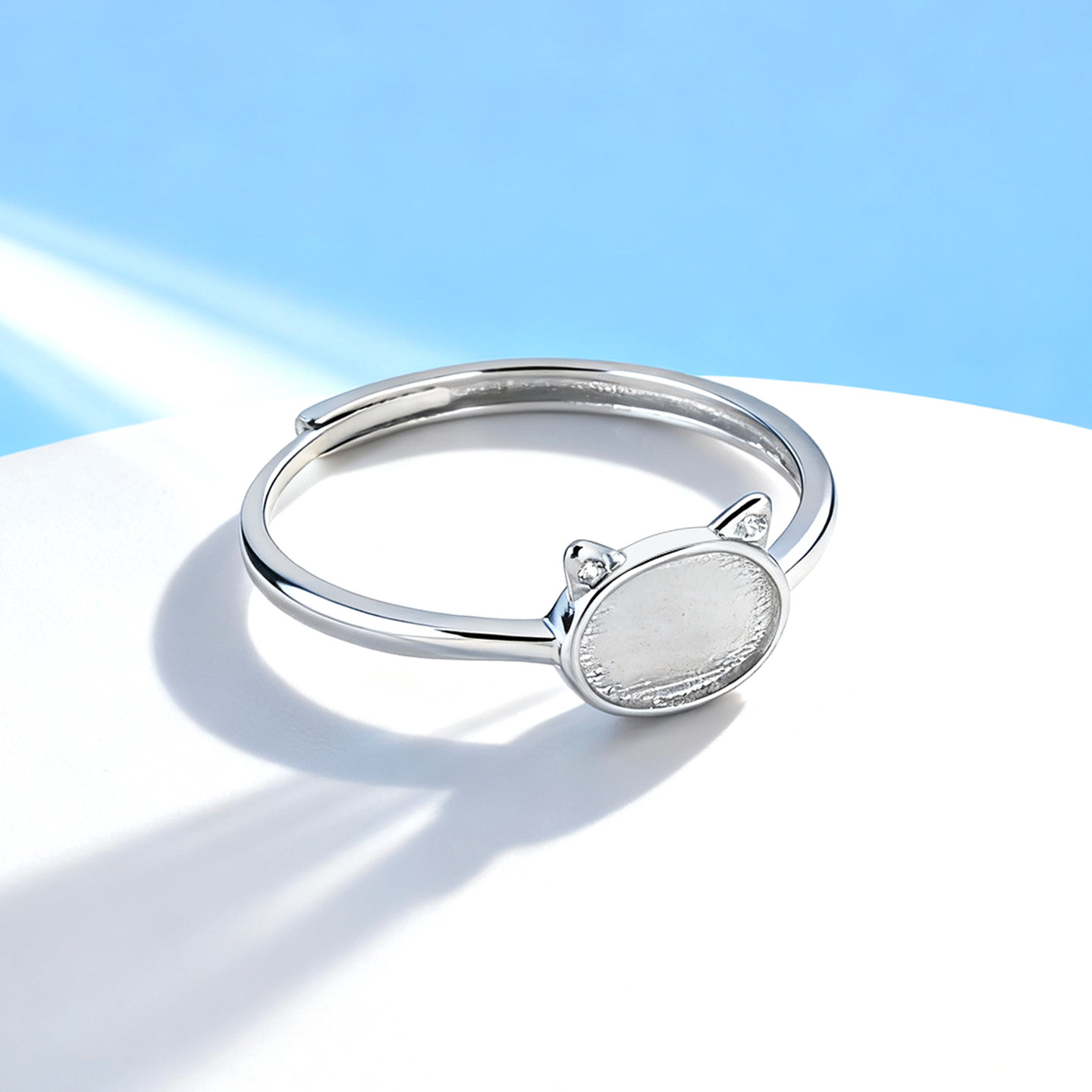 S925纯银戒指空托猫头个性女戒指托镶嵌水晶玉石翡翠宝石戒托5*7