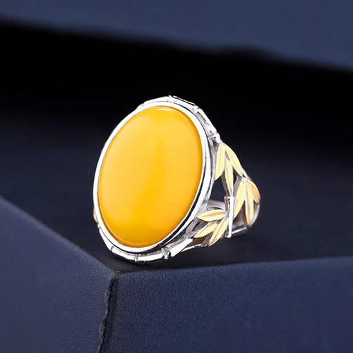 s925银戒指托椭圆镶嵌琥珀空托