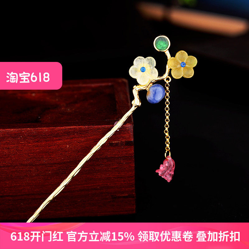 S925纯银饰发簪空托民族风复古未镶嵌簪子蜜蜡绿松石宝石diy配件