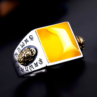 S925纯银戒指空托貔貅复古戒托镶嵌绿松石蜜蜡方形戒指托男 12*12