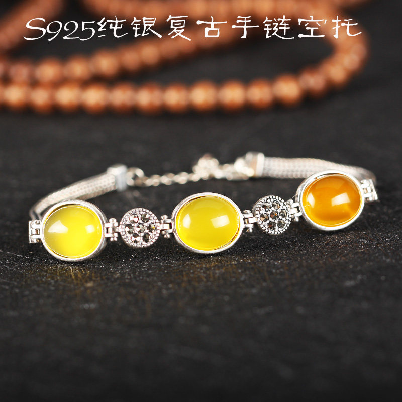 s925纯银复古手链空托女琥珀镶嵌