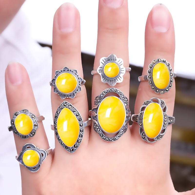 s925纯银戒指空托复古女diy蜜蜡