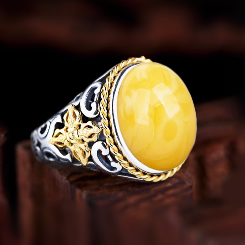 S925纯银戒指空托diy镶嵌蜜蜡绿松石南红翡翠戒托男款13*16 15*15