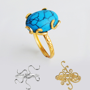 S925纯银戒指空托镶嵌不规则蜜蜡琥珀绿松石貔貅随形戒托空托