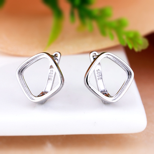 S925纯银材质耳钉耳环空托镶嵌翡翠蜜蜡松石耳坠银托方 10*10 8*8