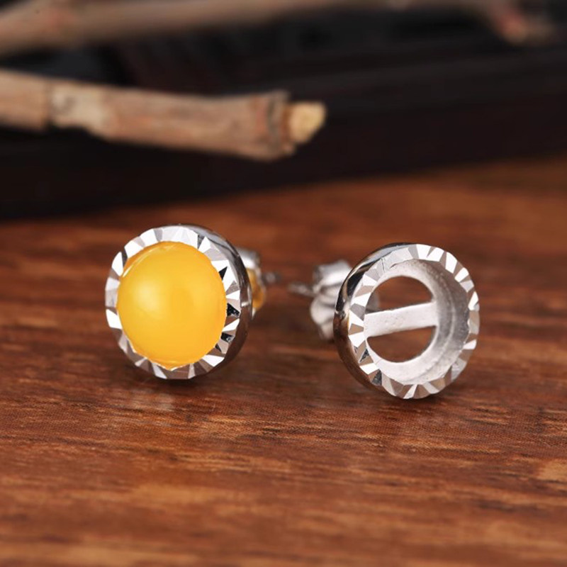 S925纯银耳钉空托女镶嵌蜜蜡绿松石南红银饰DIY宝石银托 7*7 6*6