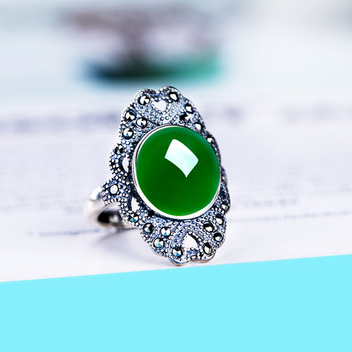 现货S925纯银戒指空托复古女镶嵌戒托可调节蜜蜡绿玉髓银托 10*12