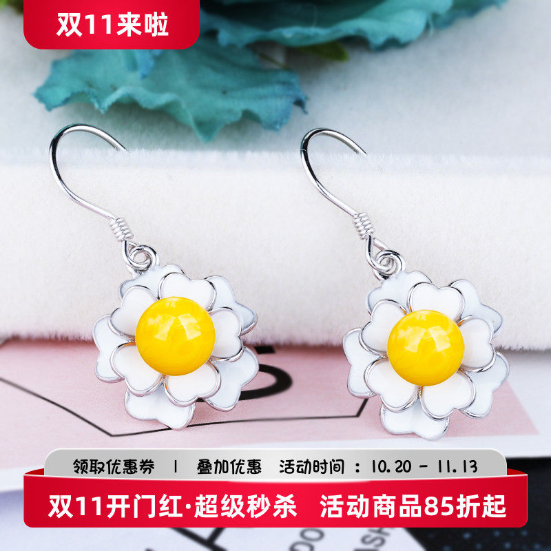 s925纯银耳环空托镶嵌蜜蜡花朵