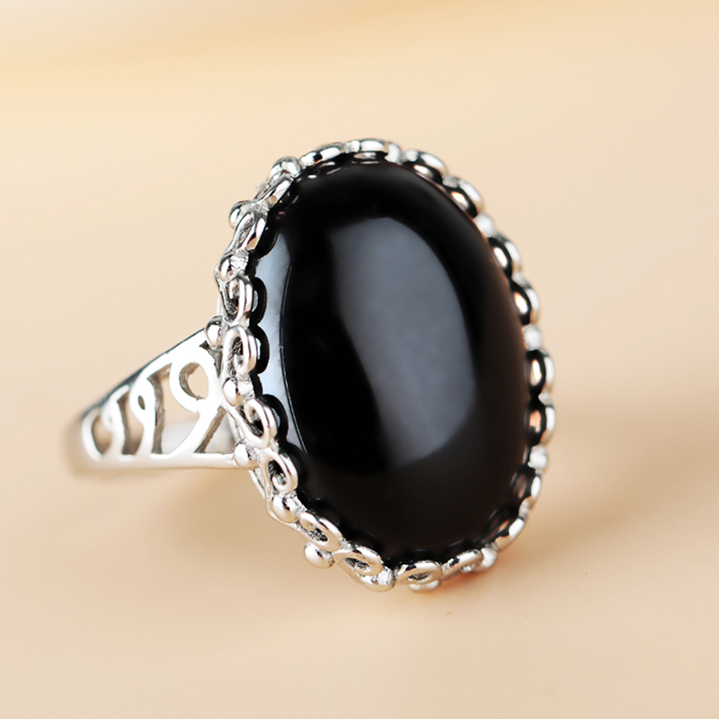 S925纯银戒指空托时尚手工镶嵌戒面墨玉石蜜蜡琥珀开口戒托 15*20