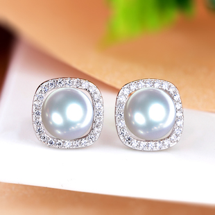 全新银饰S925纯银耳钉空托日韩气质耳环镶嵌绿松石蜜蜡珍珠圆珠女