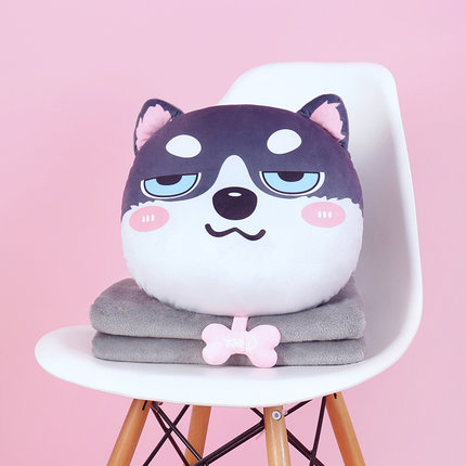 可爱汪星人抱枕被子两用靠垫珊瑚绒卡通大号午休办公室毯子