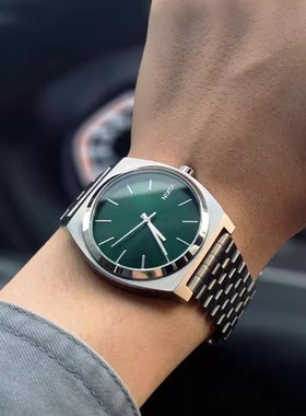 正品nixon尼克松手表时尚钢带银绿A0451696方形中性男女石英表