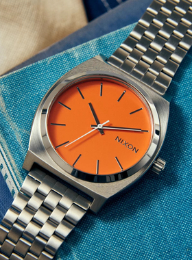 正品Nixon尼克松男女手表新款柑橘色方形复古表盘银色钢带石英表