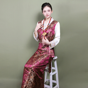 藏服女博拉藏袍夏季藏装女西藏服民族风女藏族服高档锦缎锅庄裙