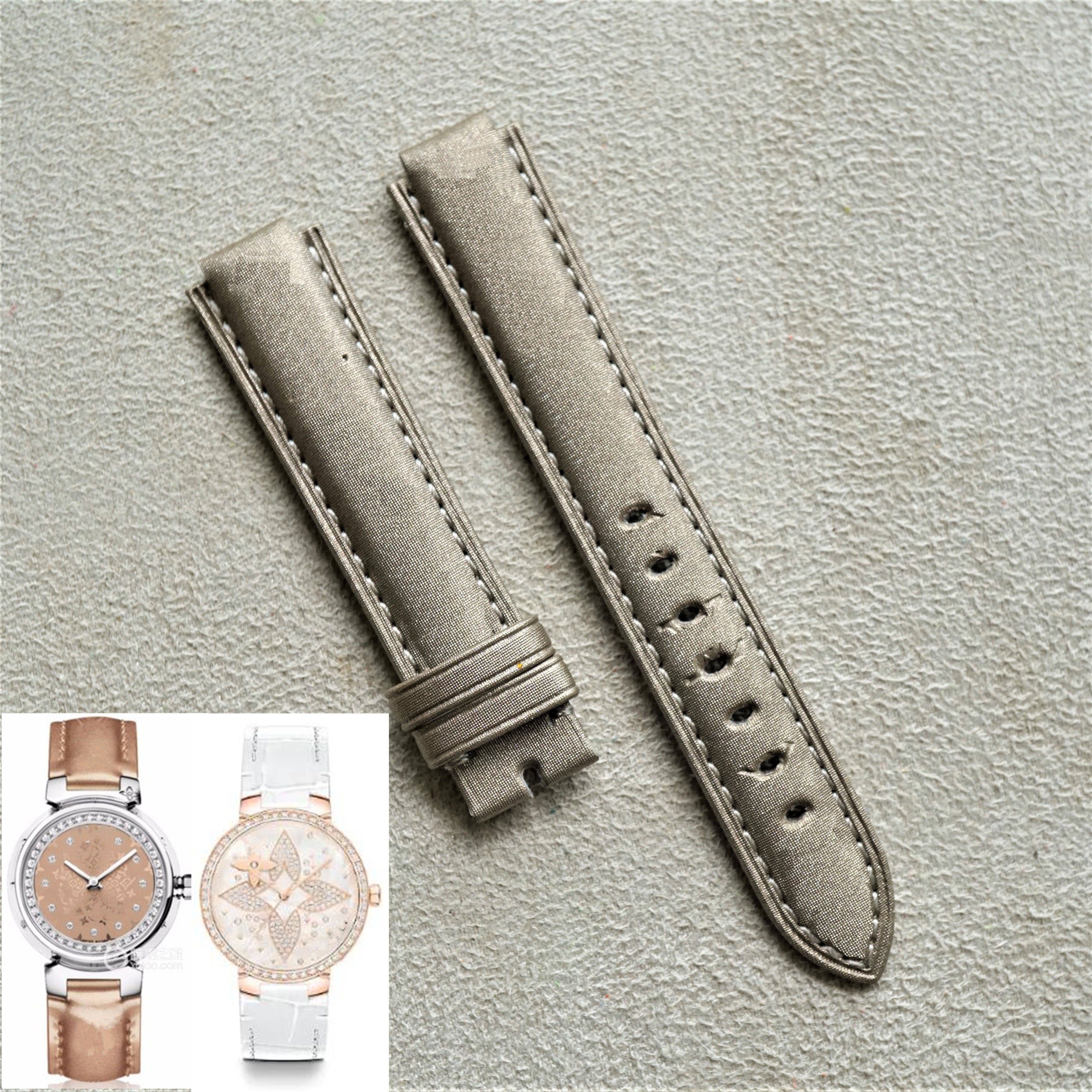 适配路易lv手表带绢丝真皮定制粉金香槟金珠光白十字纹水波纹牛皮