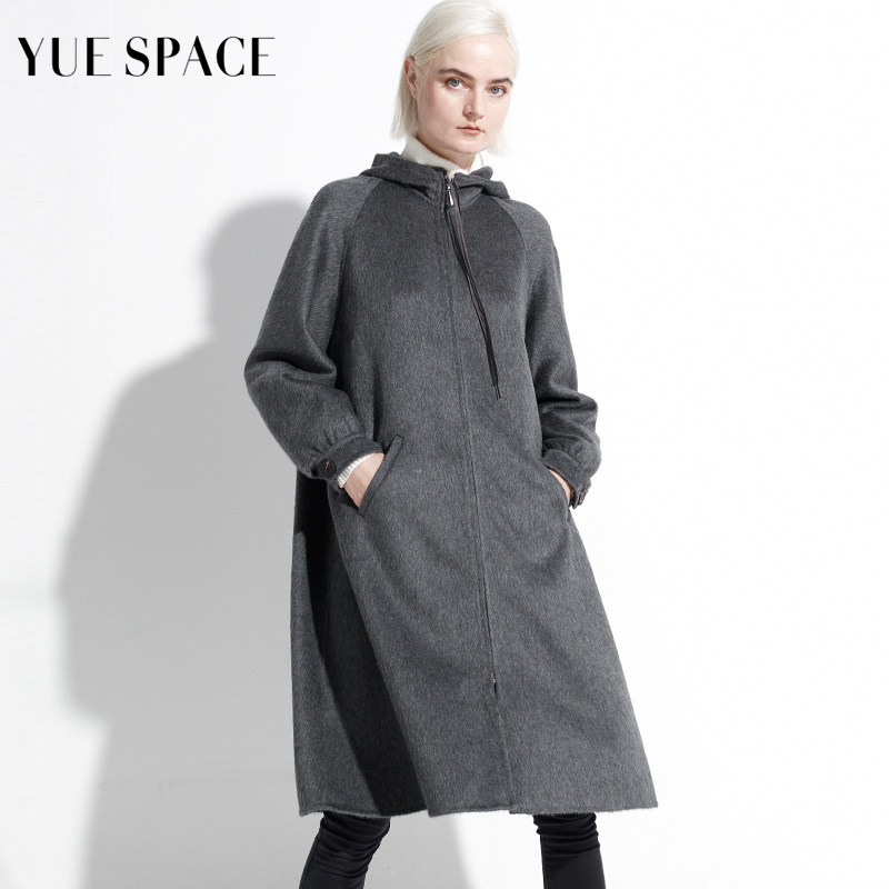YUESPACE双面羊绒大衣连帽秋冬女士毛呢外套长款过膝宽松时尚拉链
