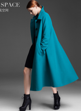 悦空间女羊毛大衣反季宽松超长款单排扣欧美气质蓝色秋冬毛呢外套